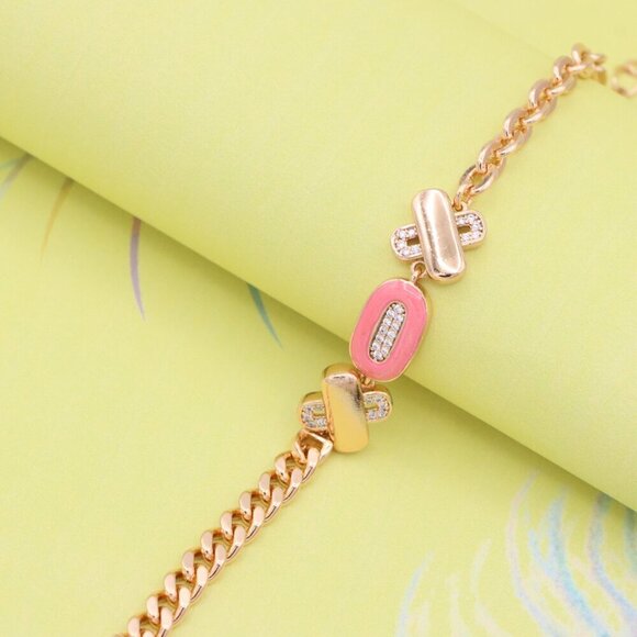 "Rose Gold Bracelet with Pink Enamel and Crystal Accents, XPBL0815 - Picture 4 of 12